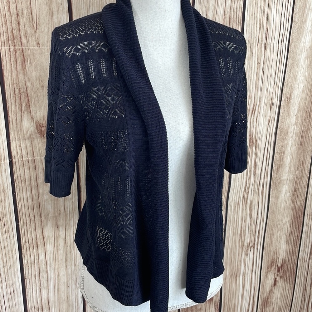 89th & Madison Crochet Knit Navy Sweater Acrylic Cardigan Small - Picture 2 of 9
